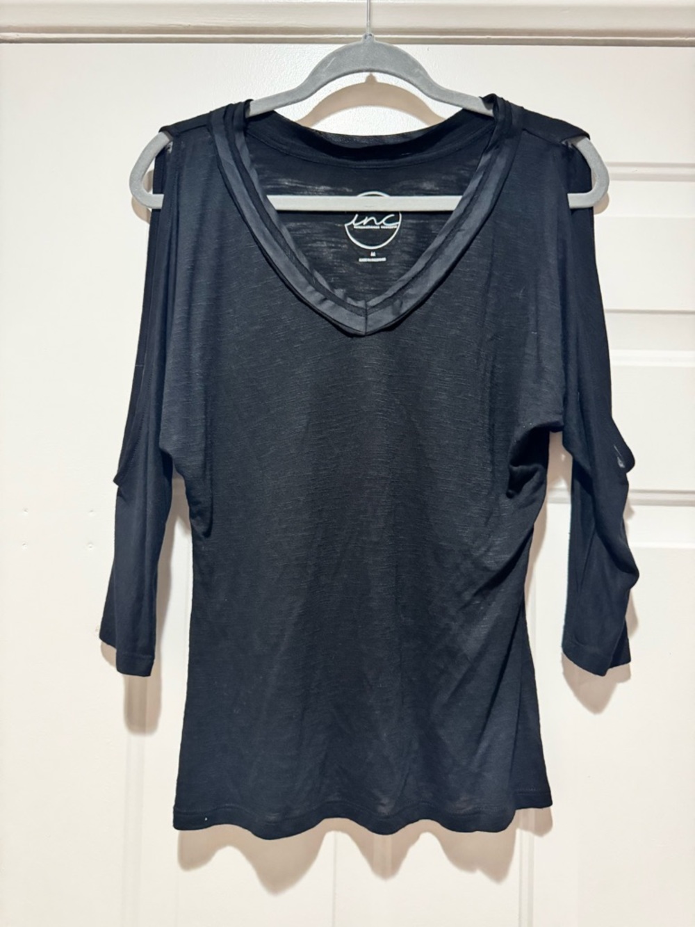 INC International Concepts Black Cold-Shoulder V-Neck Top with 3/4 Sleeves